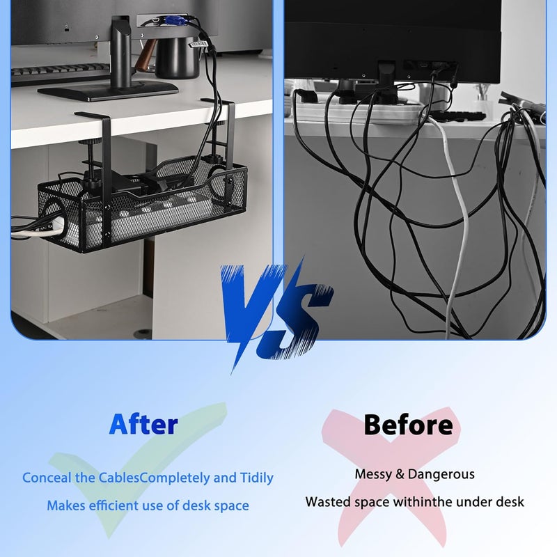 QUELIEN Under Desk Cable Management Tray Small – Clamp-Mounted Wire Organizer & Cord Management Under Desk Holder, No-Drill Metal Cable Tray for Home Office (Black) - Image 5